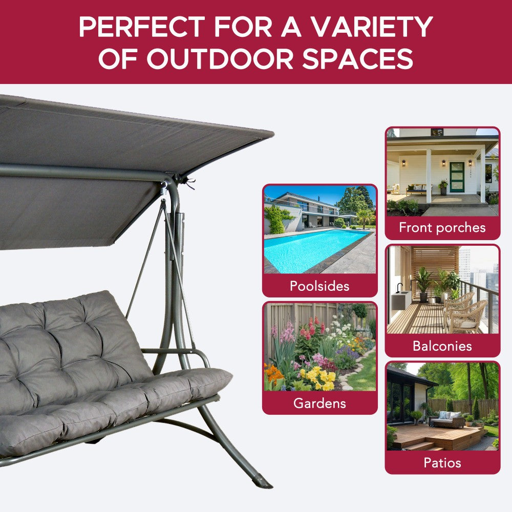 Mazonvintage3-Seat Italian-Made Patio Swing Chair with Adjustable Canopy and 4" Cushions – Gray