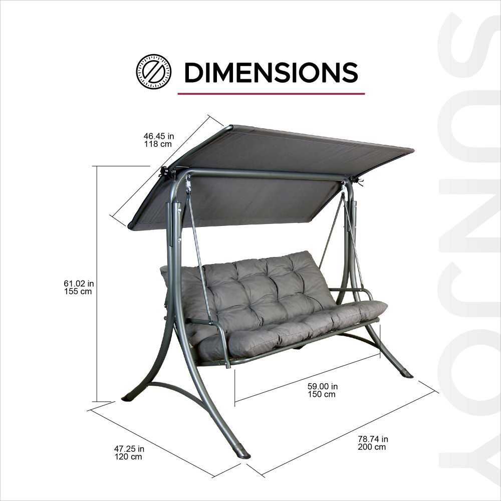 Mazonvintage3-Seat Italian-Made Patio Swing Chair with Adjustable Canopy and 4" Cushions – Gray