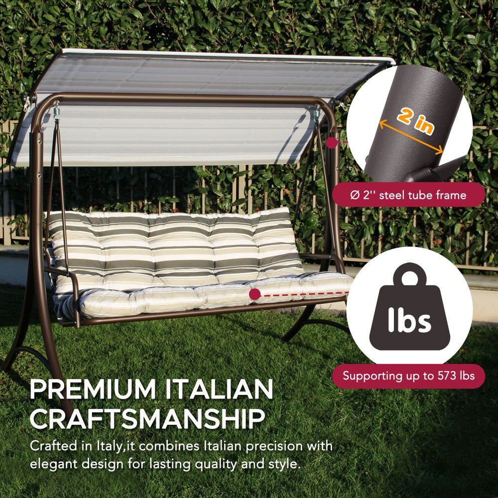 Mazonvintage3-Seat Italian-Made Patio Swing Chair with Adjustable Canopy and 4" Cushions – Stripe