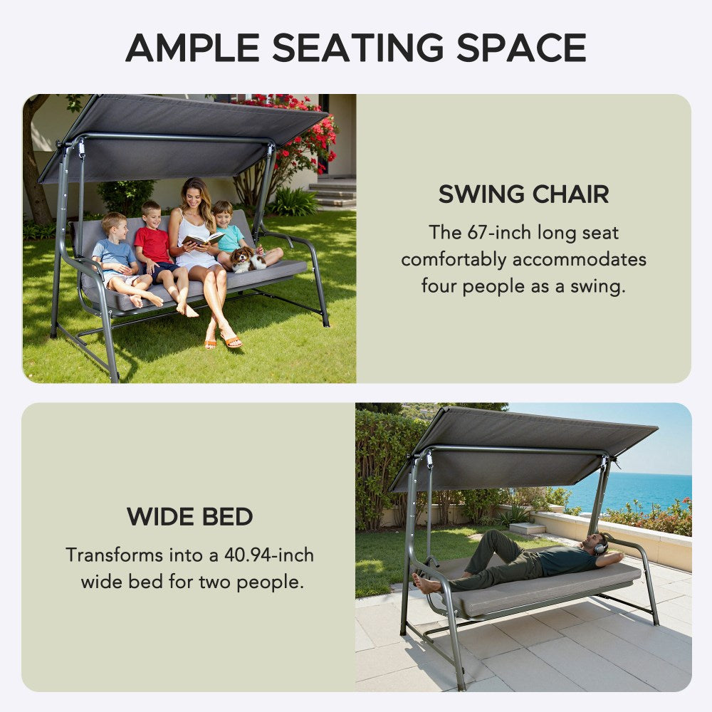 Mazonvintage4-Seat Italian-Made Patio Swing Chair / Bed with Adjustable Canopy and Cushions – Gray
