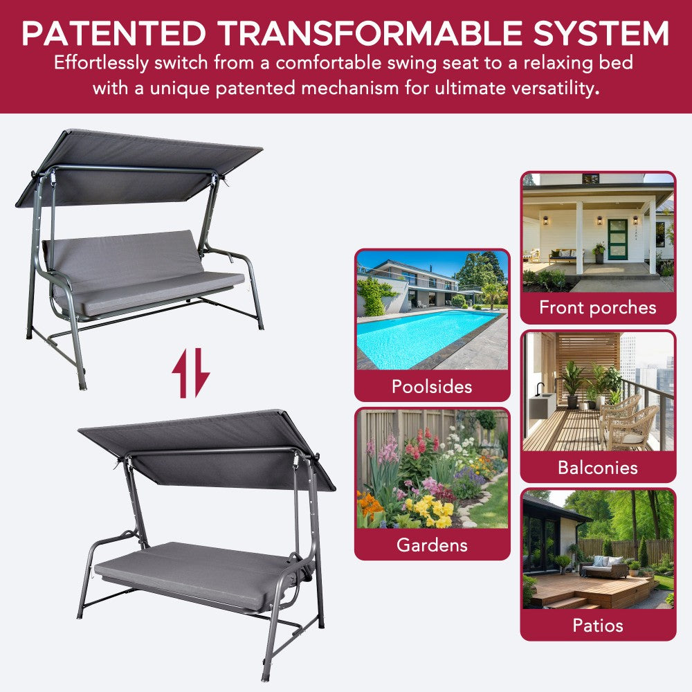 Mazonvintage4-Seat Italian-Made Patio Swing Chair / Bed with Adjustable Canopy and Cushions – Gray