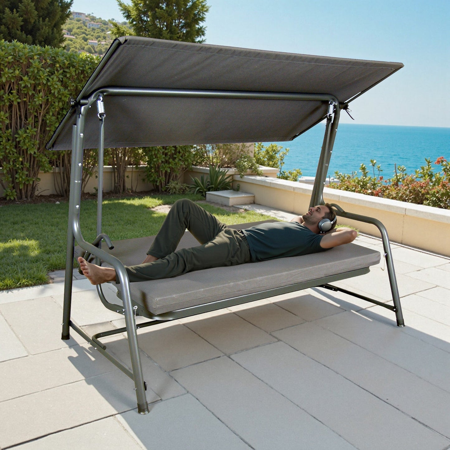 Mazonvintage4-Seat Italian-Made Patio Swing Chair / Bed with Adjustable Canopy and Cushions – Gray