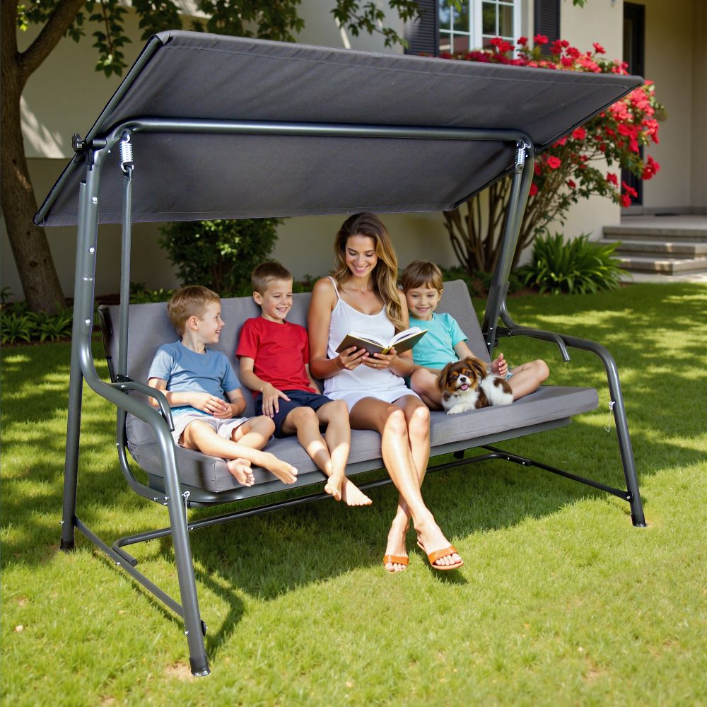 Mazonvintage4-Seat Italian-Made Patio Swing Chair / Bed with Adjustable Canopy and Cushions – Gray