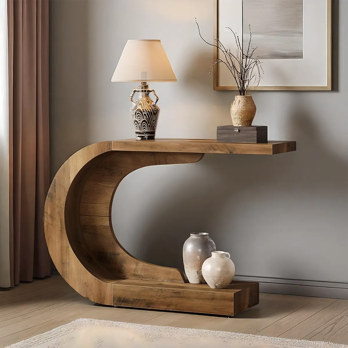 C-Shaped Wooden Console Table – Modern Entryway Table