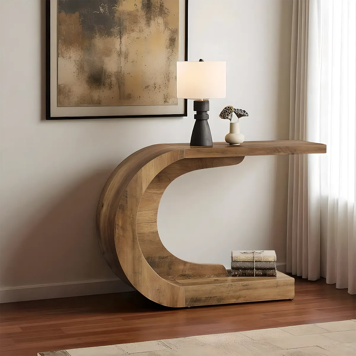 C-Shaped Wooden Console Table – Modern Entryway Table
