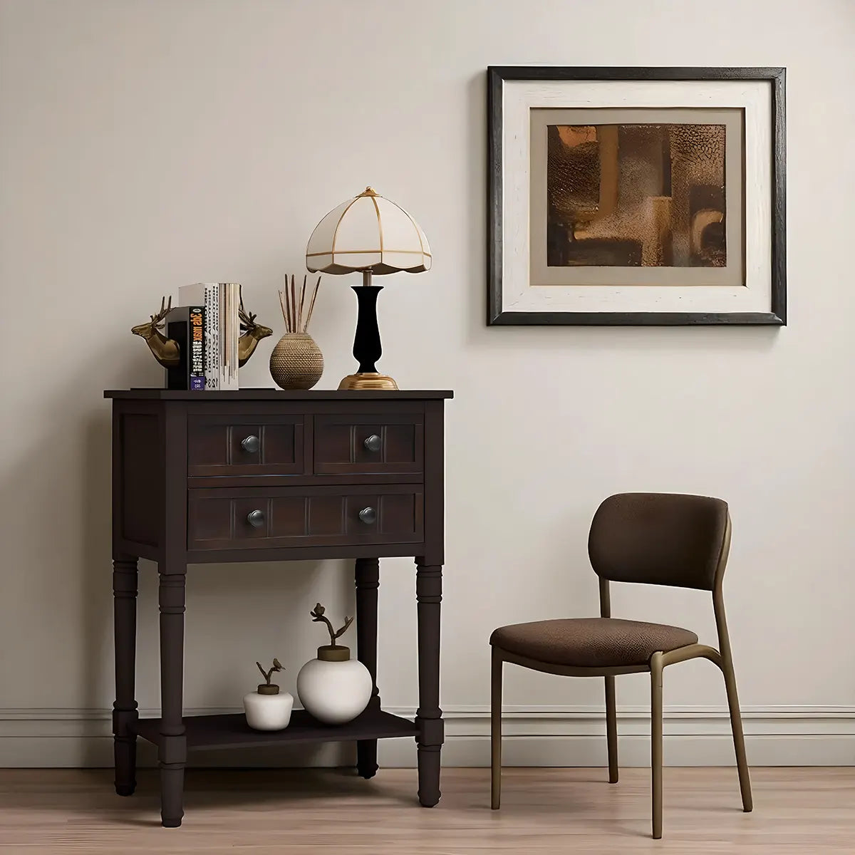 Elegant dark wood console table with 3 drawers and lower shelf