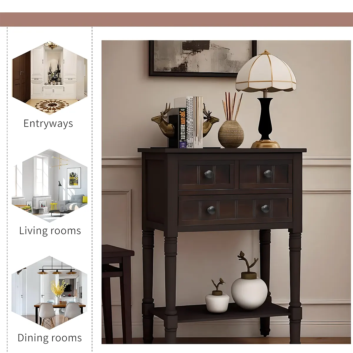 Elegant dark wood console table with 3 drawers and lower shelf