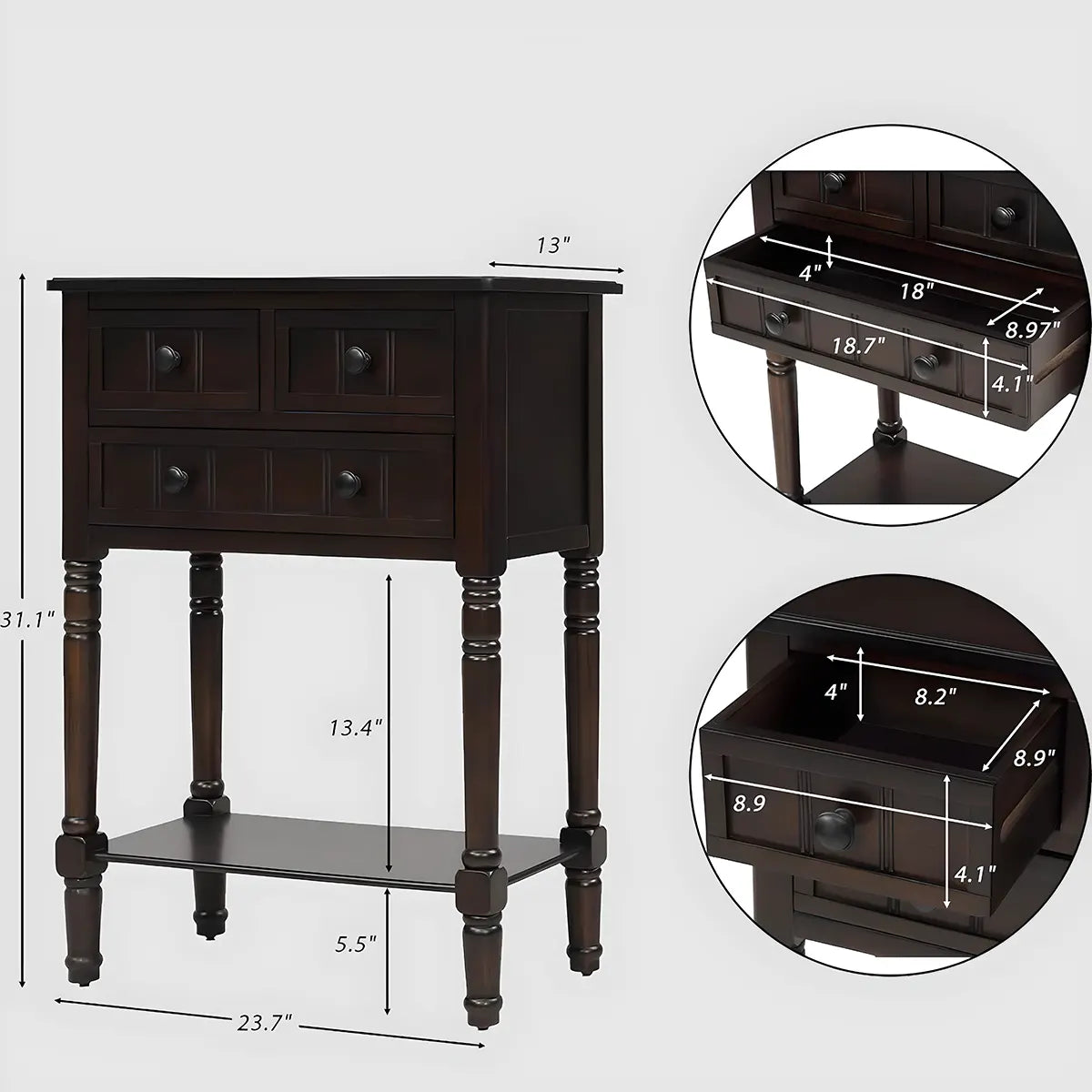 Elegant dark wood console table with 3 drawers and lower shelf