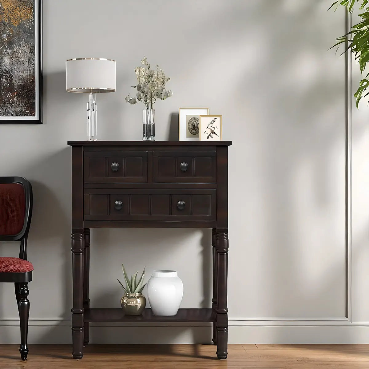 Elegant dark wood console table with 3 drawers and lower shelf