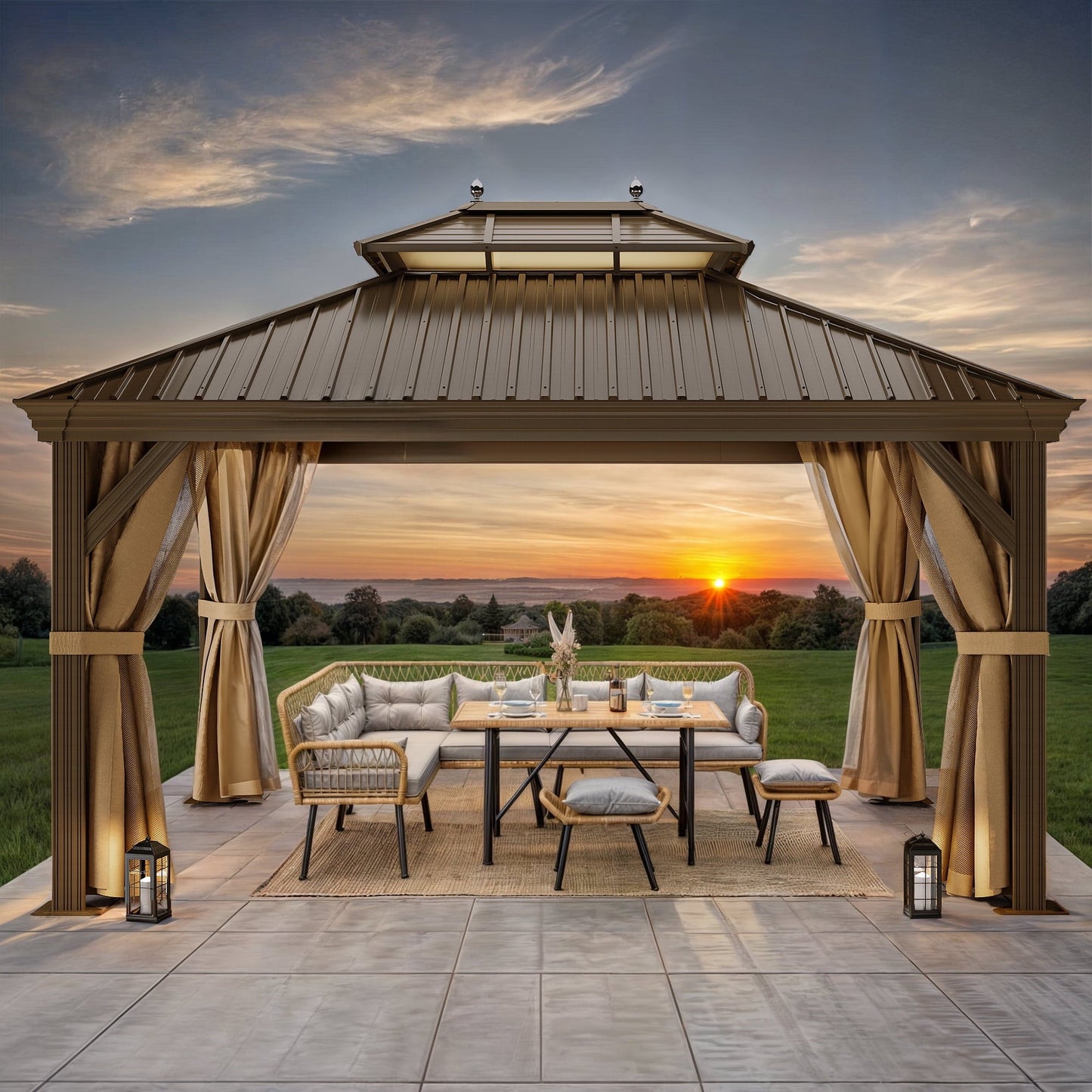 Mazonvintage 12' x 14' Outdoor Hardtop Gazebo with Netting & Shaded Curtains, Heavy Duty Double Roof Galvanized Steel Garden Tent for Patio, Mazonvintage, Bronze