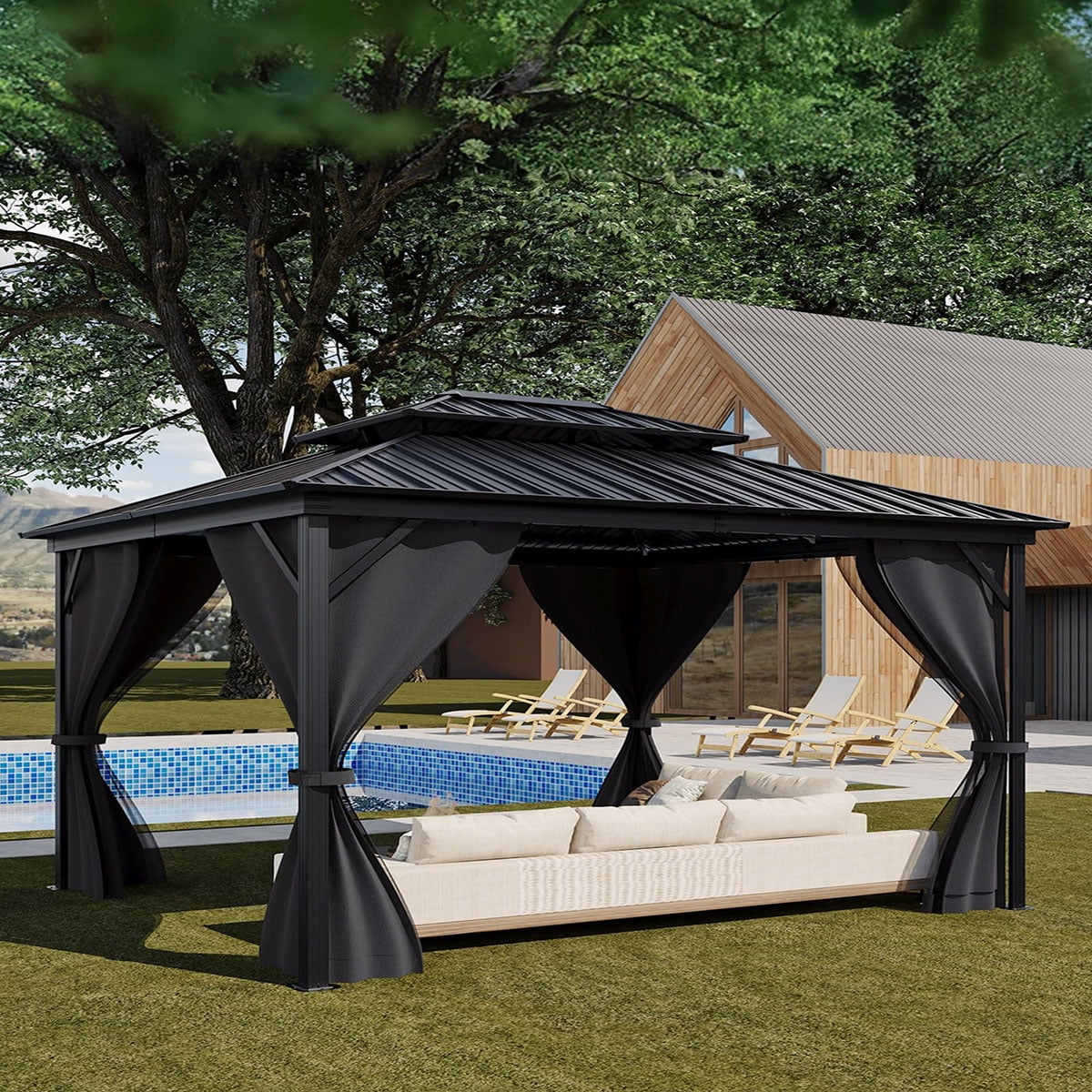 Mazonvintage Gazebo 12' x 14', with Galvanized Steel Double Roof Canopy, Permanent Outdoor Metal Pavilion, with Netting and Curtains, for Mazonvintage, Pario and Lawn(ship in 5 boxes)