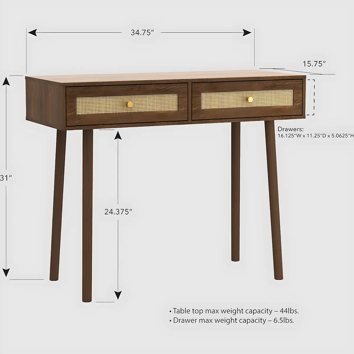 Mid‑Century Console Table Natural Wood, Rattan Drawers – Minimalist Retro Design