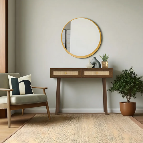 Mid‑Century Console Table Natural Wood, Rattan Drawers – Minimalist Retro Design