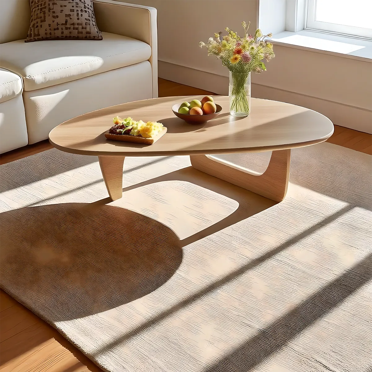 Minimalist round wooden coffee table, gently curved design combined with colors create a soft, cozy feeling