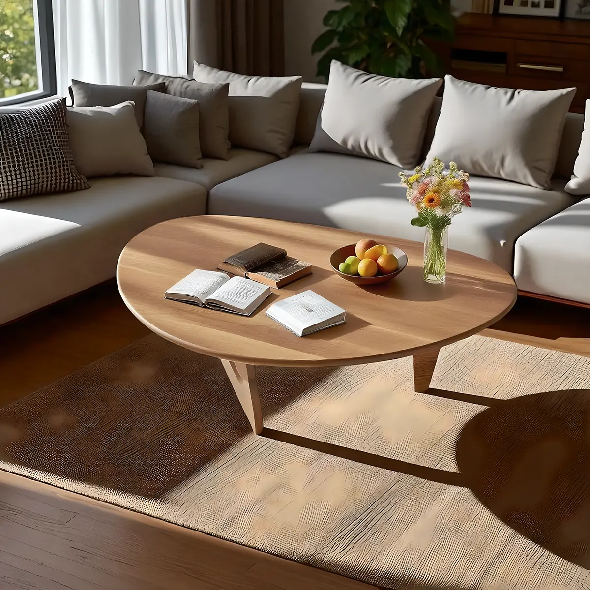 Minimalist round wooden coffee table, gently curved design combined with colors create a soft, cozy feeling