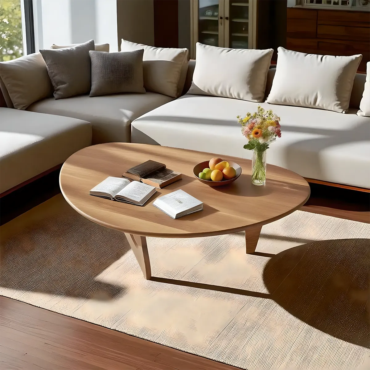 Minimalist round wooden coffee table, gently curved design combined with colors create a soft, cozy feeling