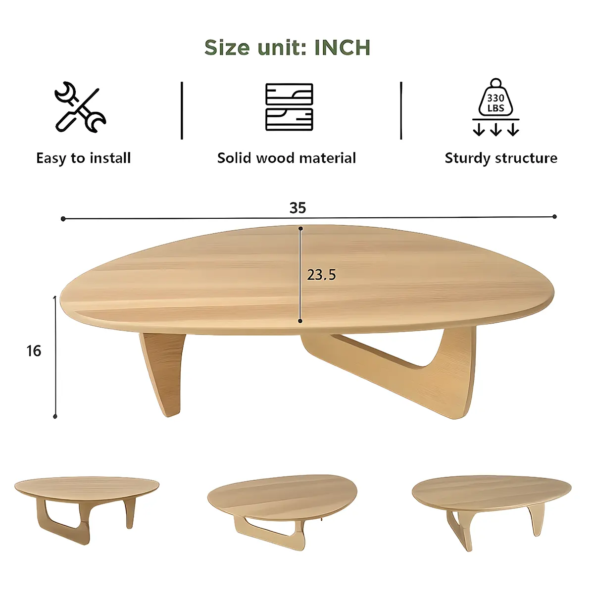 Minimalist round wooden coffee table, gently curved design combined with colors create a soft, cozy feeling