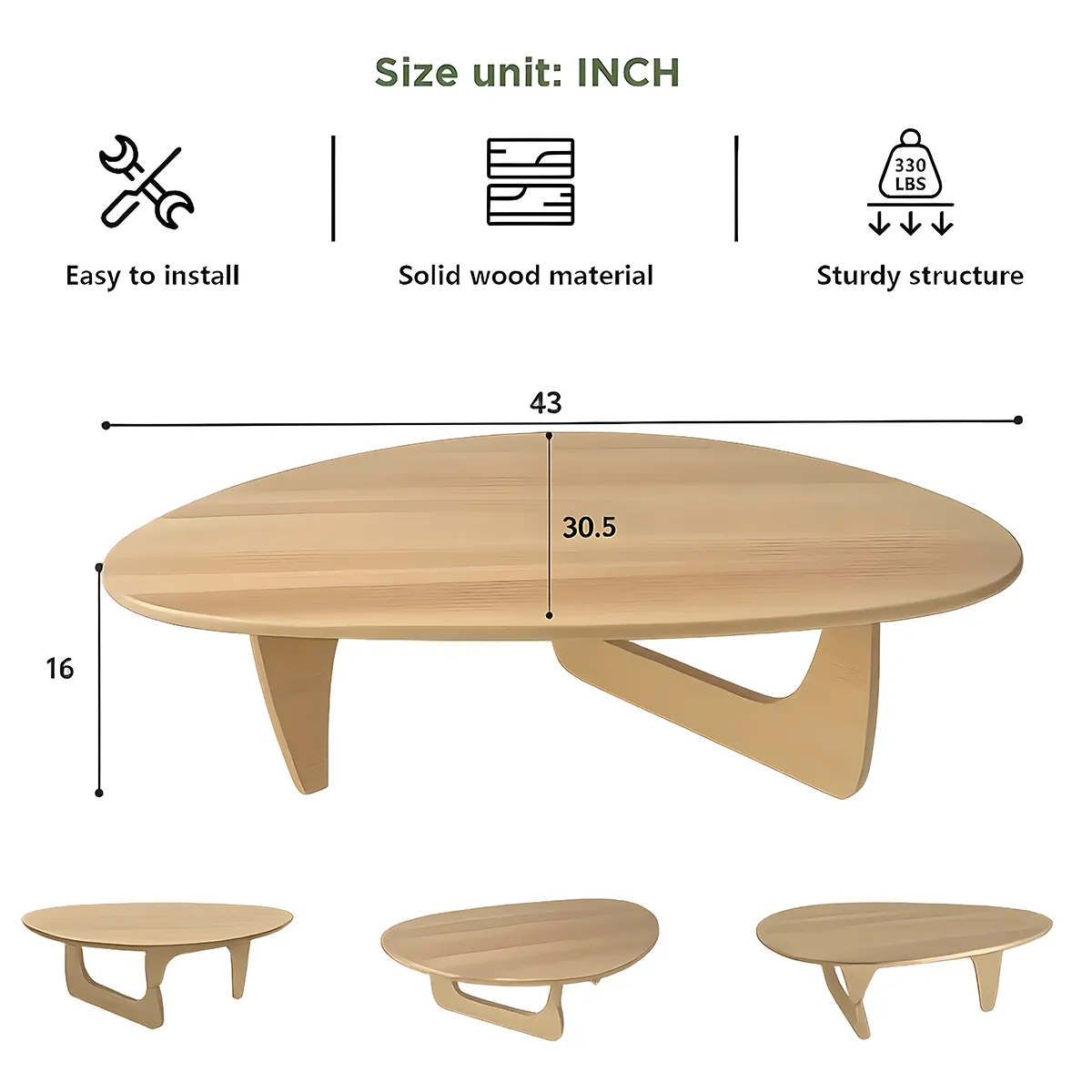 Minimalist round wooden coffee table, gently curved design combined with colors create a soft, cozy feeling