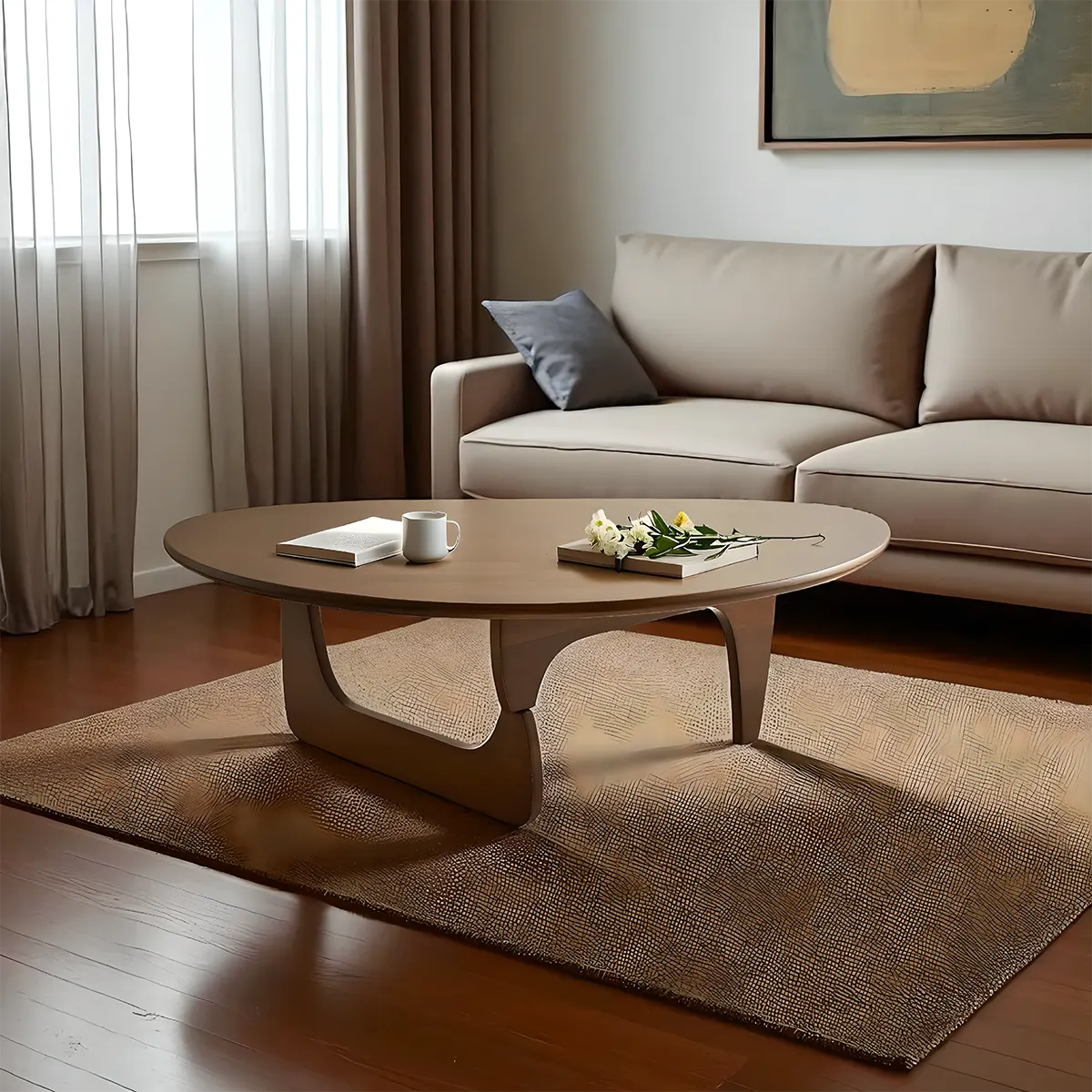 Minimalist round wooden coffee table, gently curved design combined with colors create a soft, cozy feeling