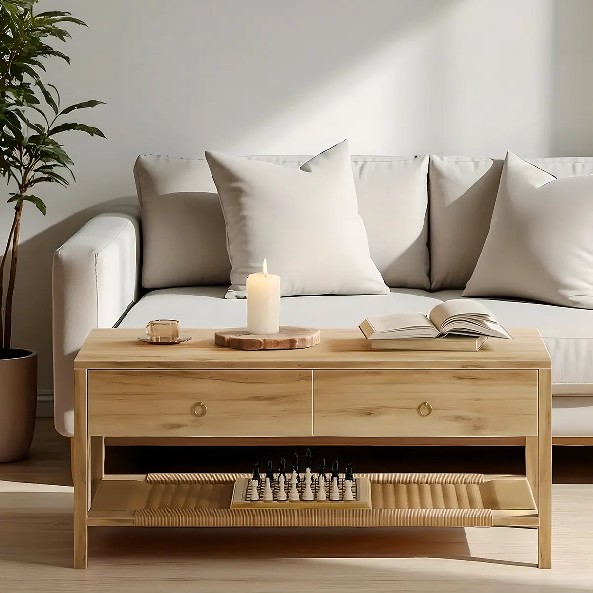 Minimalist wooden coffee table, 2 drawers and bottom shelf, Nordic style