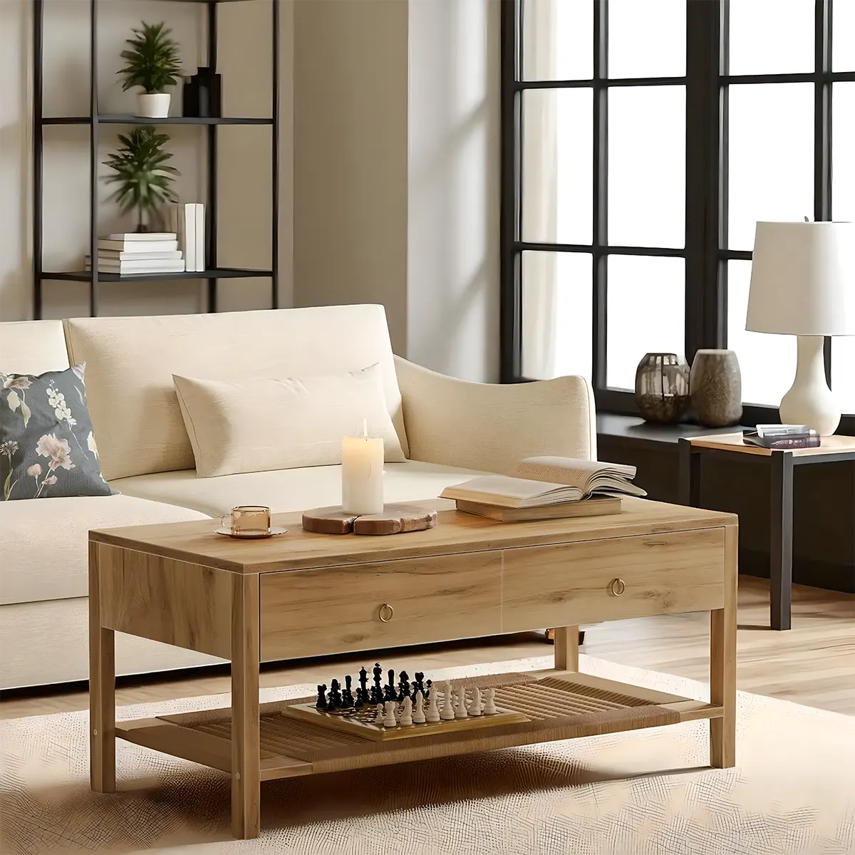 Minimalist wooden coffee table, 2 drawers and bottom shelf, Nordic style