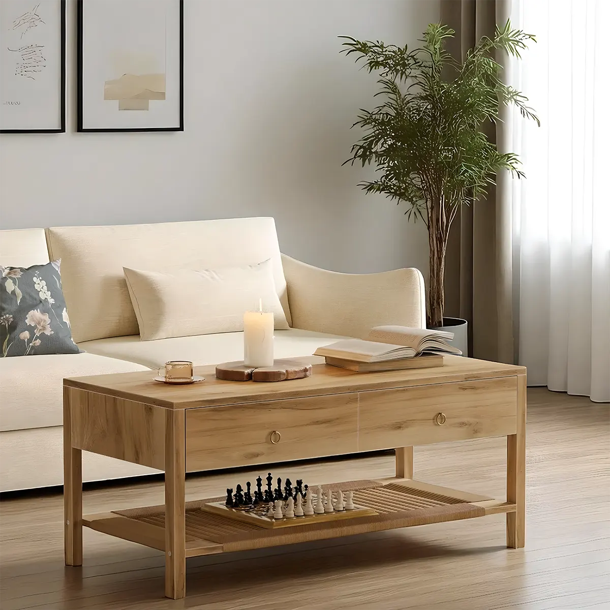 Minimalist wooden coffee table, 2 drawers and bottom shelf, Nordic style