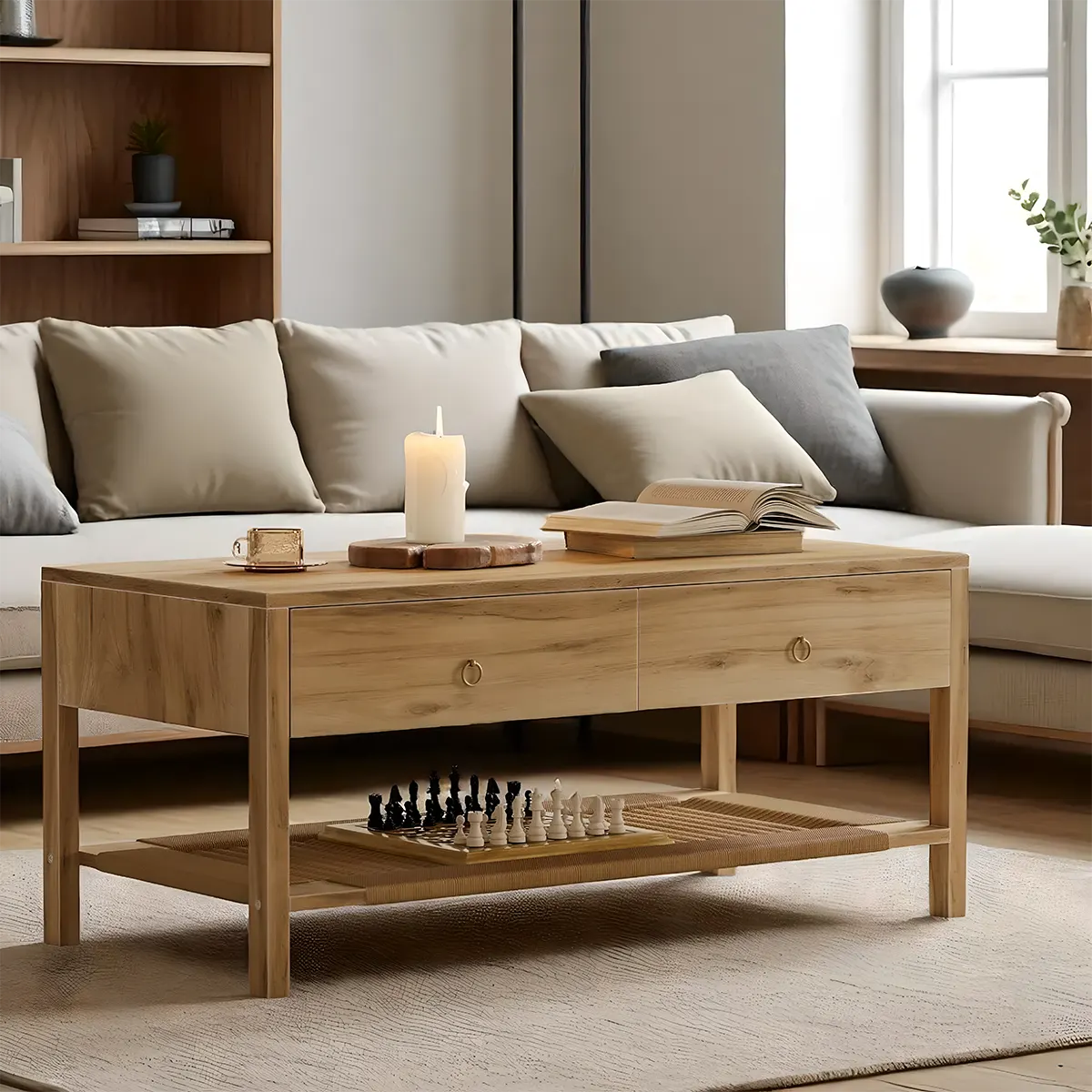 Minimalist wooden coffee table, 2 drawers and bottom shelf, Nordic style