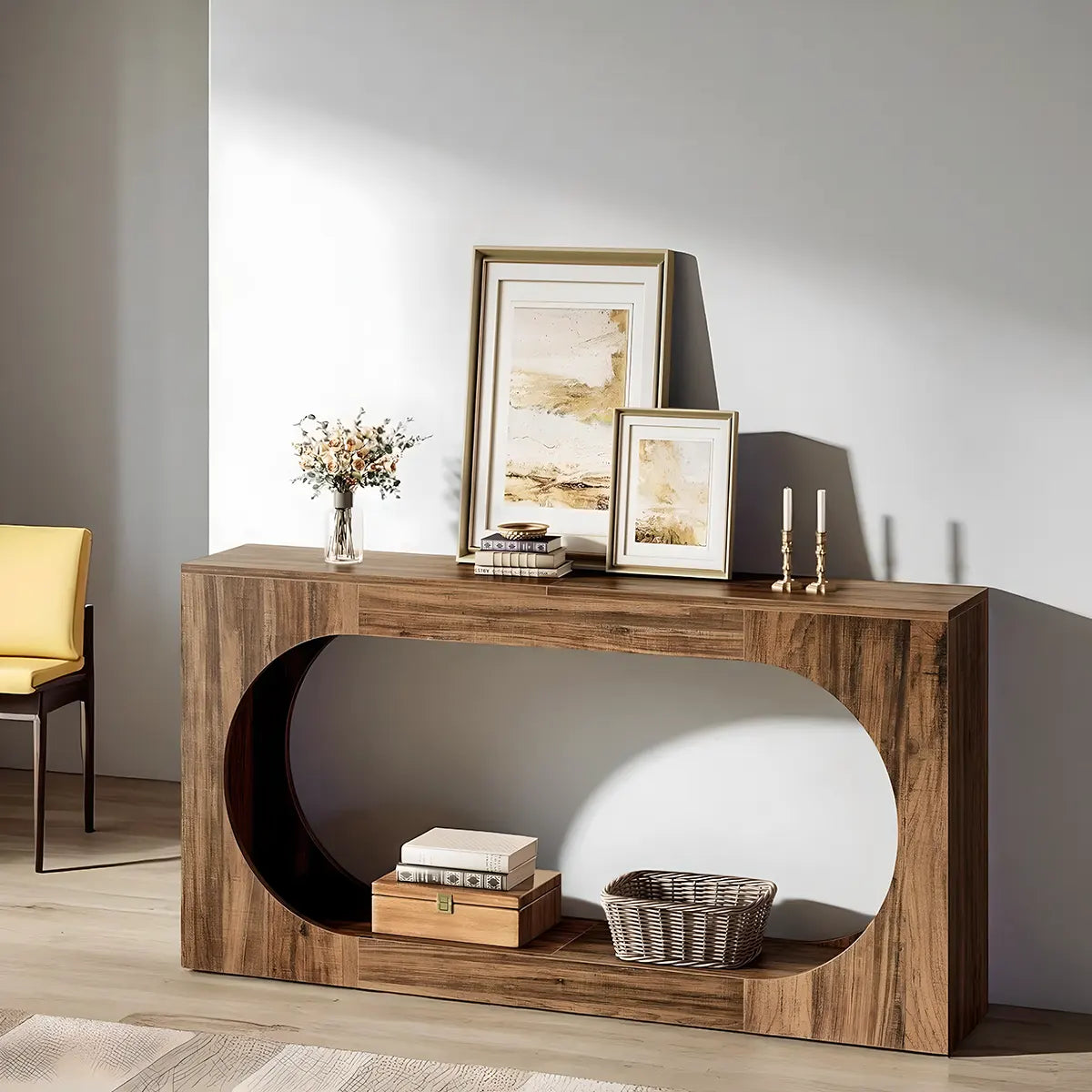 Modern Style Console Table – Luxurious Round Cutout, Walnut Wood