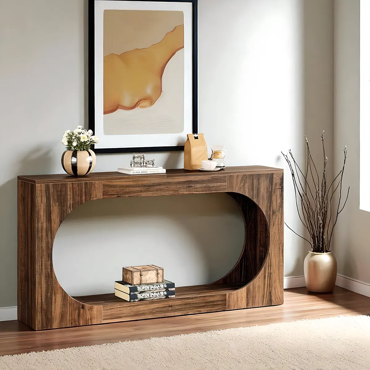 Modern Style Console Table – Luxurious Round Cutout, Walnut Wood