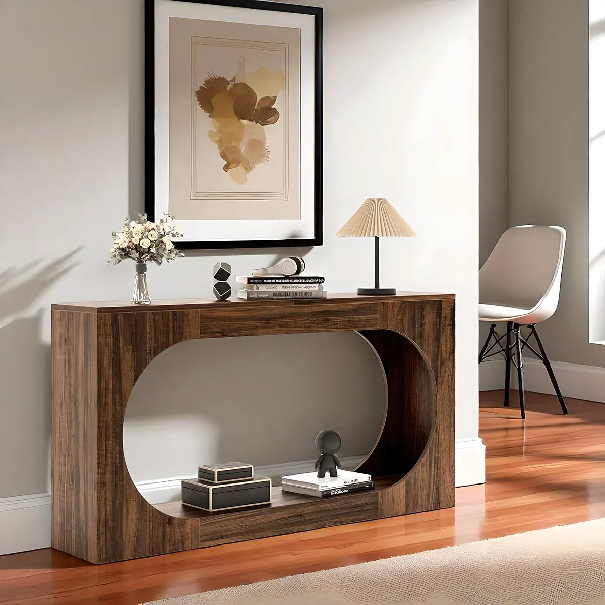Modern Style Console Table – Luxurious Round Cutout, Walnut Wood