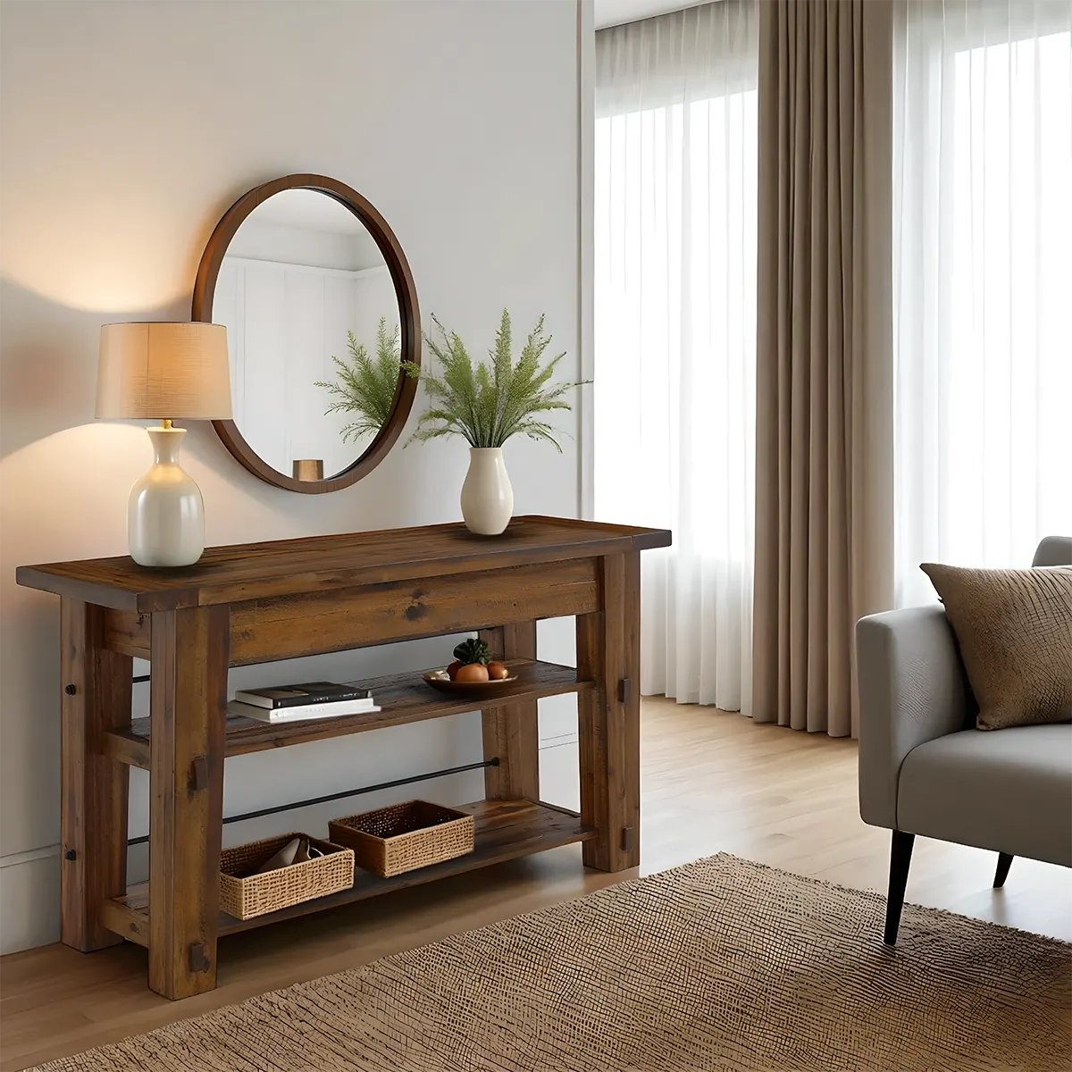 Nastya 54″ Console Table – Natural Wood and Metal Frame Rustic Industrial Style