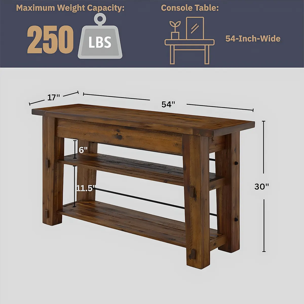 Nastya 54″ Console Table – Natural Wood and Metal Frame Rustic Industrial Style