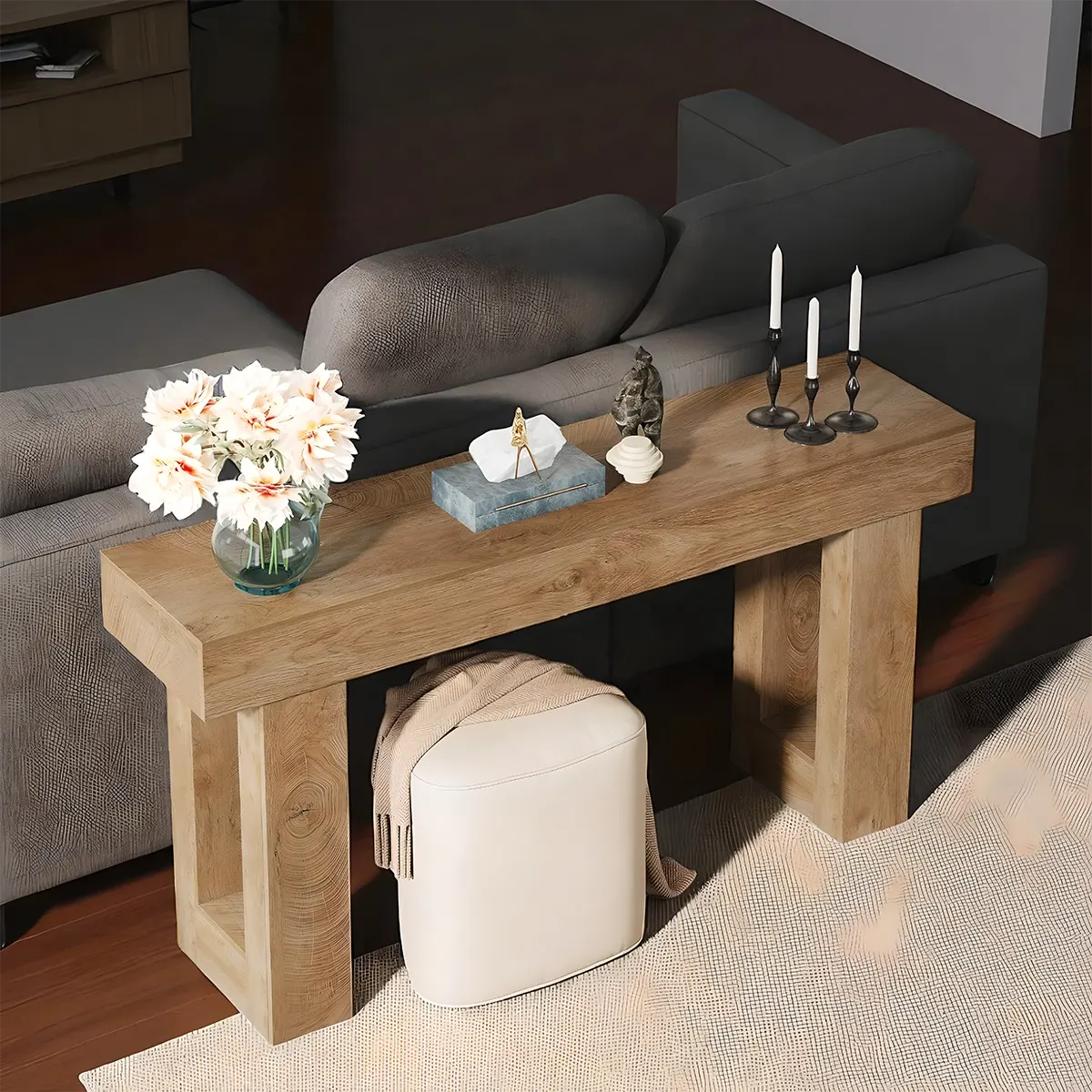 Natural Oak Console Table – Minimalist Design, 63″ x 14″ x 34″