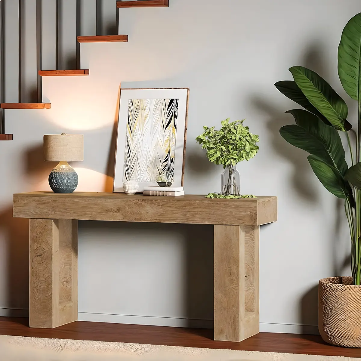 Natural Oak Console Table – Minimalist Design, 63″ x 14″ x 34″