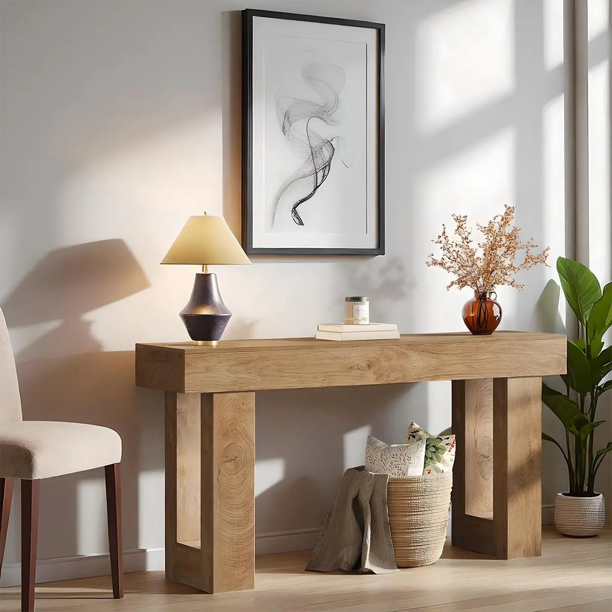 Natural Oak Console Table – Minimalist Design, 63″ x 14″ x 34″