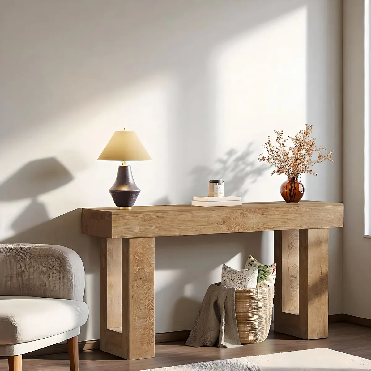 Natural Oak Console Table – Minimalist Design, 63″ x 14″ x 34″