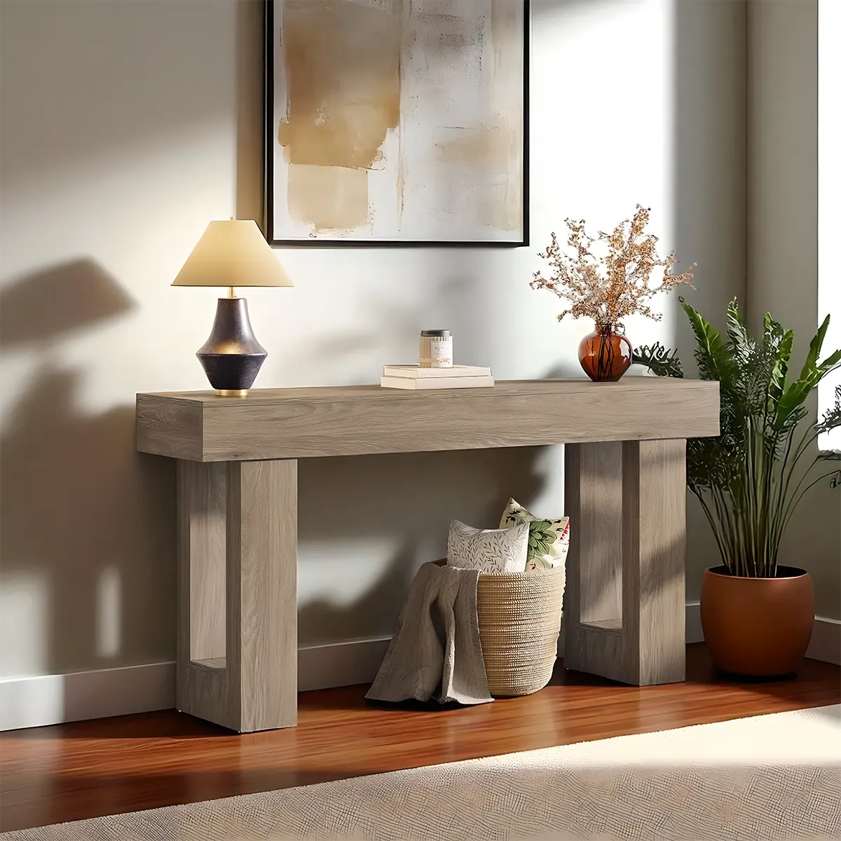 Natural Oak Console Table – Minimalist Design, 63″ x 14″ x 34″