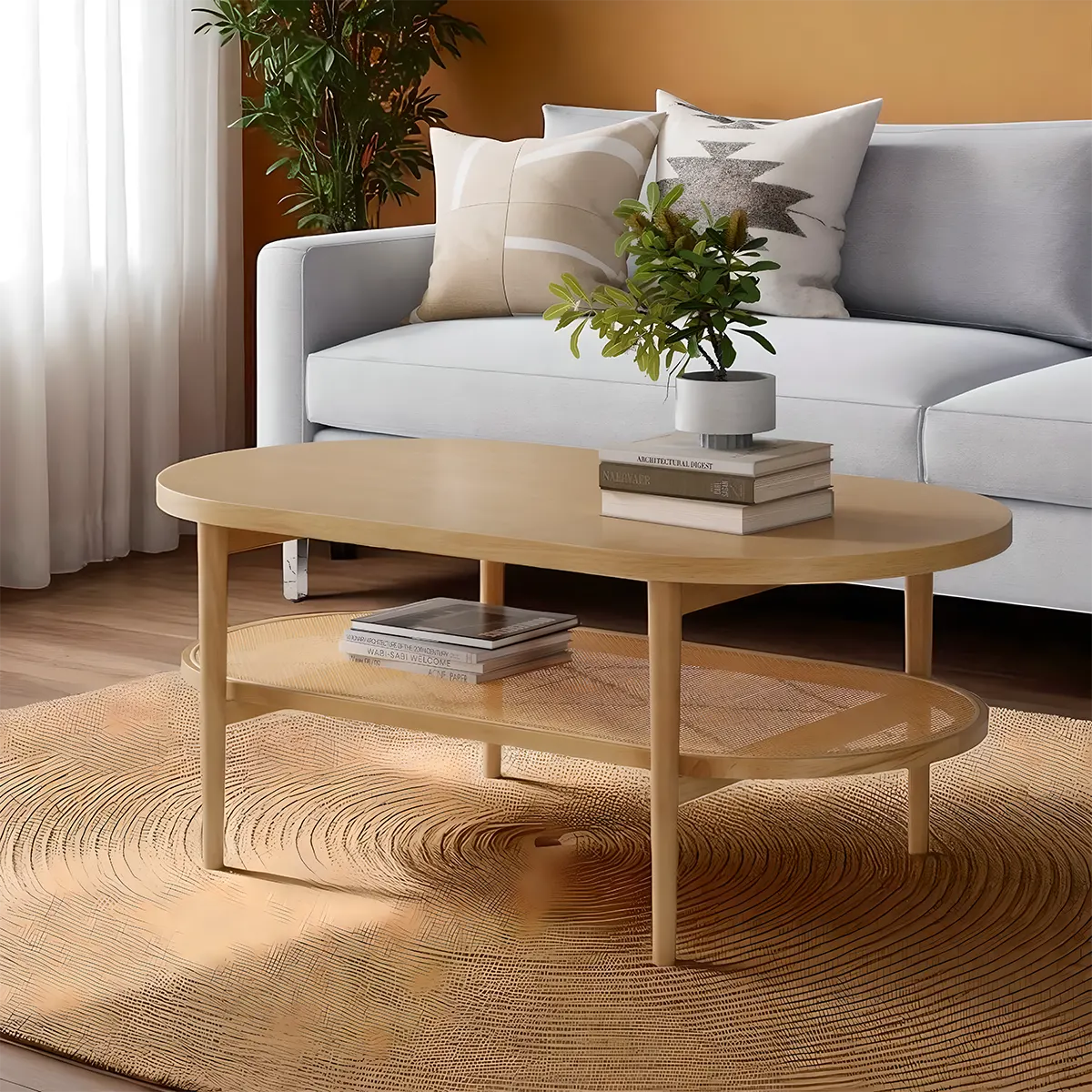 Natural Oak Oval Coffee TABLE, Exquisite Design, Compact Size Suitable For Most Spaces
