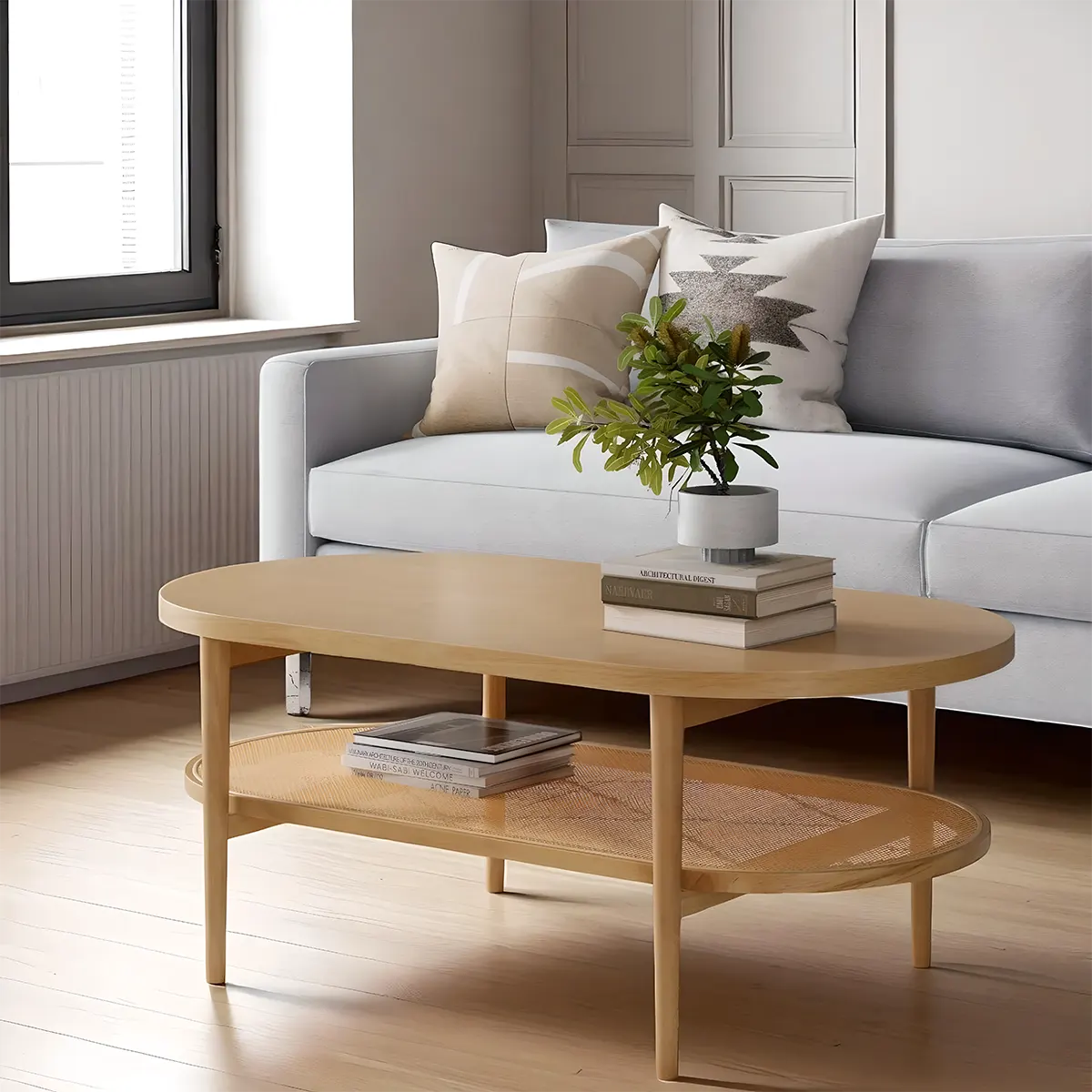 Natural Oak Oval Coffee TABLE, Exquisite Design, Compact Size Suitable For Most Spaces