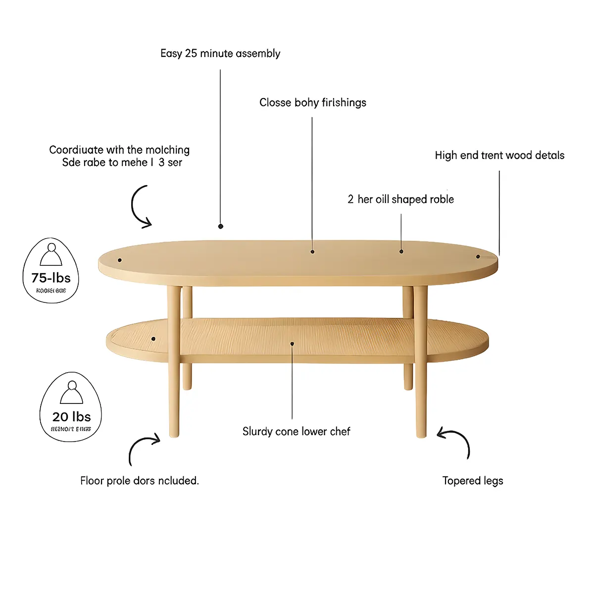 Natural Oak Oval Coffee TABLE, Exquisite Design, Compact Size Suitable For Most Spaces