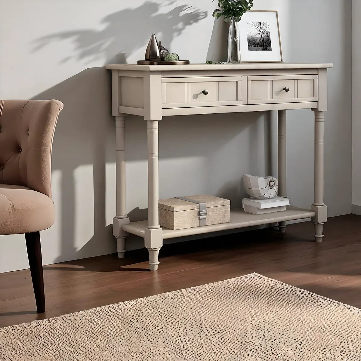 Natural Wood Console Table with 2 Drawers – Elegant and Convenient