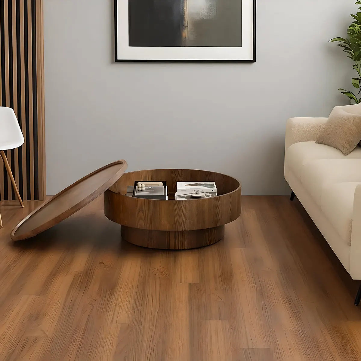 Natural Wood Round Coffee Table – Hidden Storage Shelf, Modern Design