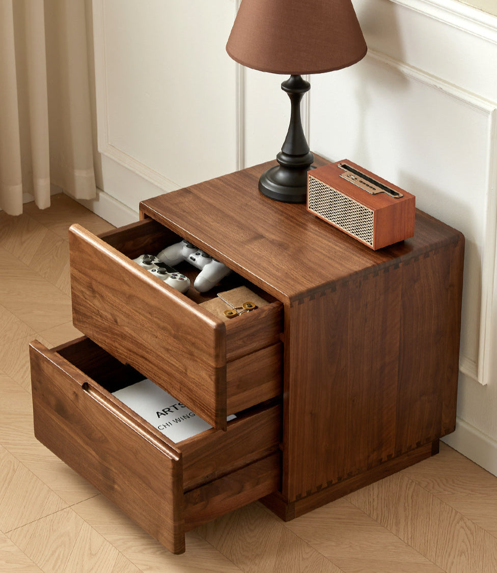 Mazonvintage-Japandi Solid Black Walnut Wood Bedside Table with 2 Drawers