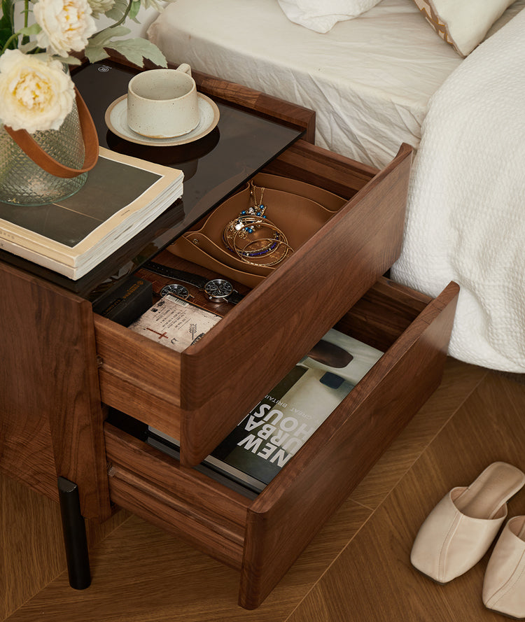Mazonvintage-Voyage Black Walnut Wood Nightstand with Glass Top