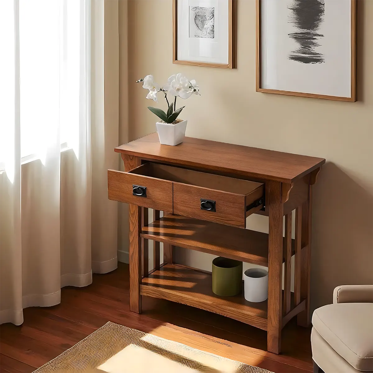 Refined Oak Console Table – Elegant Craftsman Design