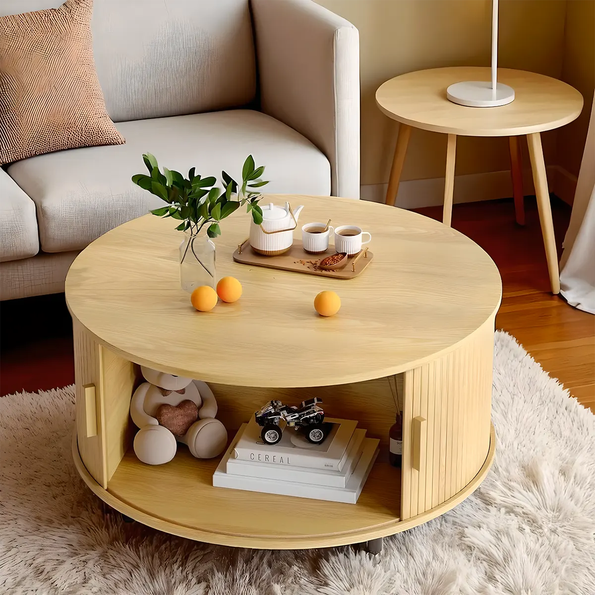 Round Wooden Coffee Table With Drawers, Minimalist and Functional Scandi