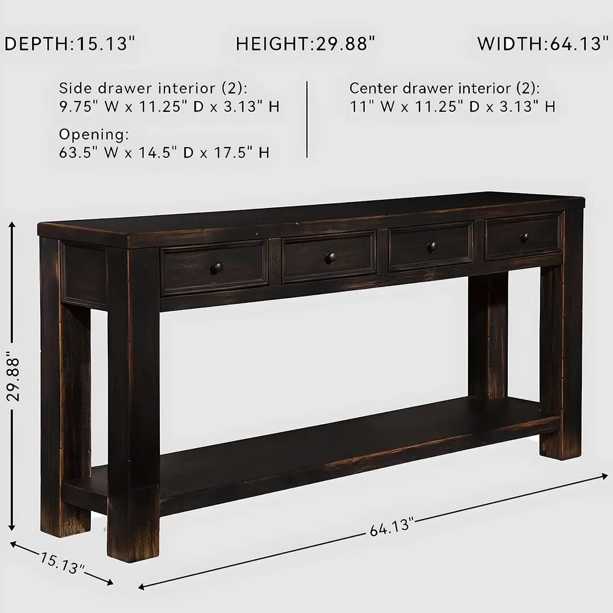 Rustic Black Wood Console Table with 4 Drawers – 64 Inch Long, Elegant and Luxurious
