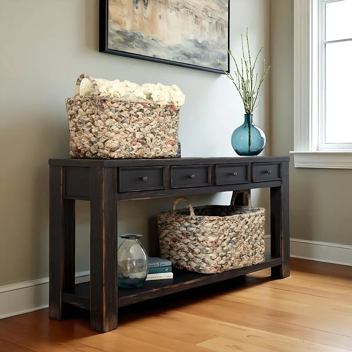 Rustic Black Wood Console Table with 4 Drawers – 64 Inch Long, Elegant and Luxurious