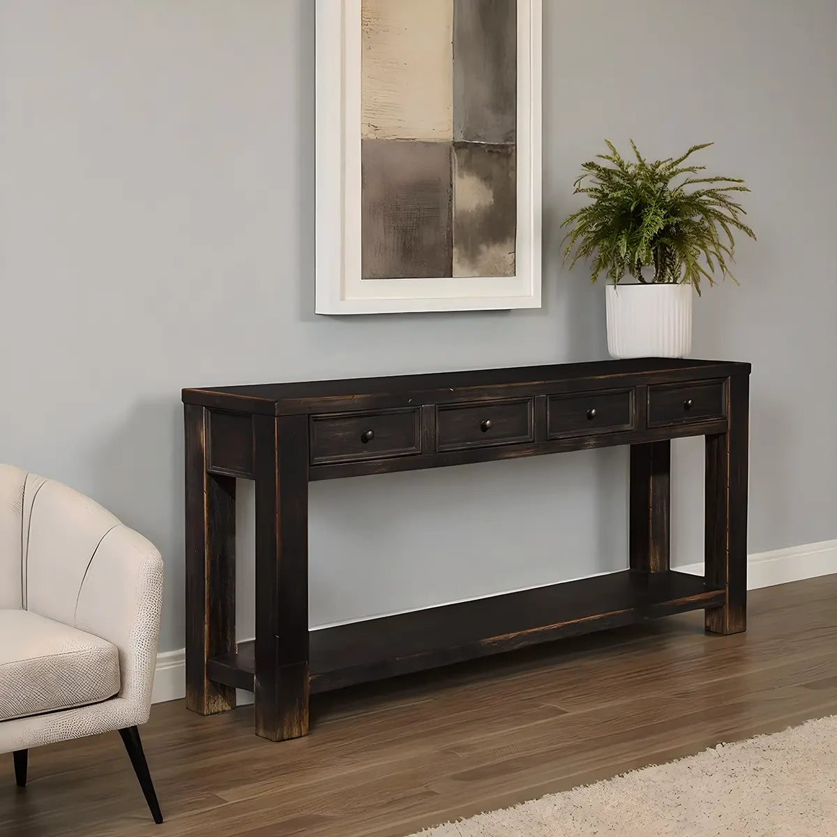 Rustic Black Wood Console Table with 4 Drawers – 64 Inch Long, Elegant and Luxurious