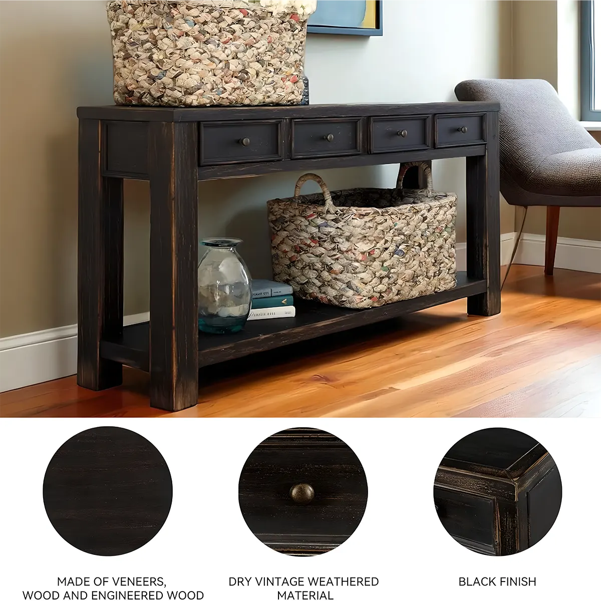 Rustic Black Wood Console Table with 4 Drawers – 64 Inch Long, Elegant and Luxurious